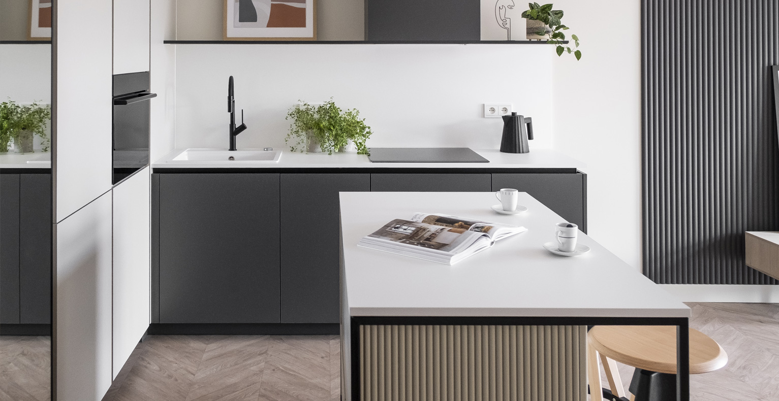 carousel-1-minimalistyczna kuchnia-nowoczesna kuchnia-czarna bateria kuchenna-moba furniture- projekt golaska studio architektoniczne - mieszkanie do wynajecia zielona gora